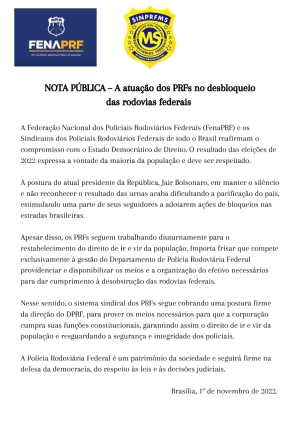 NOTA PÚBLICA DA FENAPERF/SINPRF/MS sobre bloqueios dos caminhoneiros