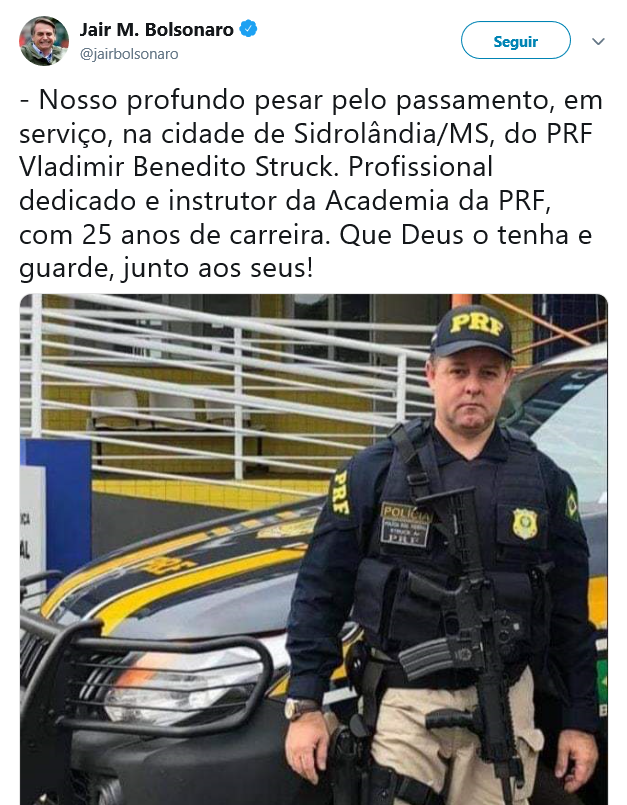 Luto e pesar pela perda do colega PRF Vladimir Benedito Struck.